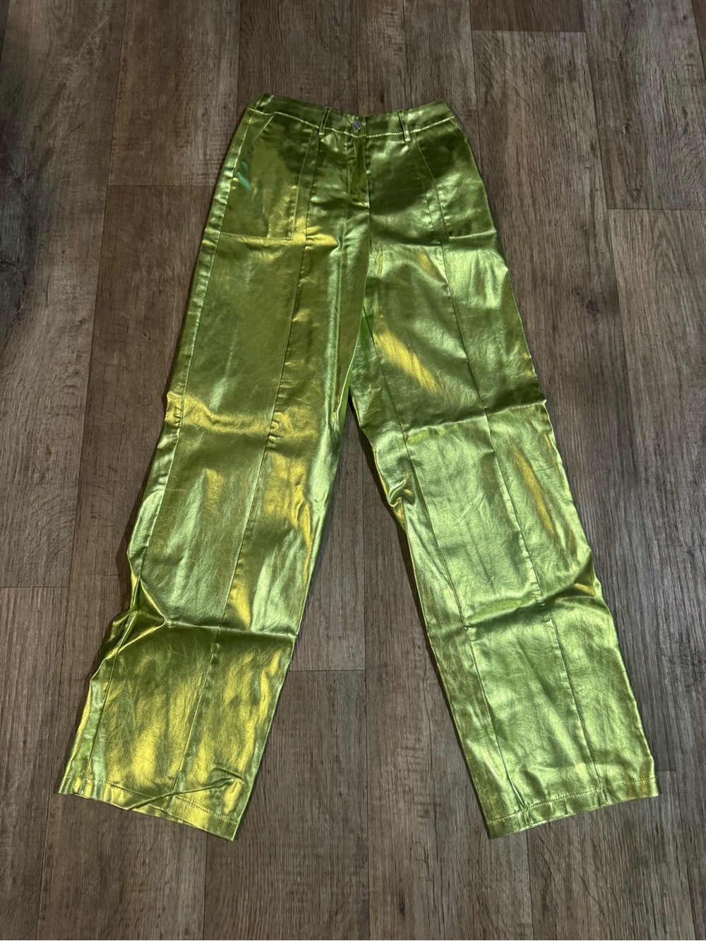 High-Shine Metallic Green Wide-Leg Pants